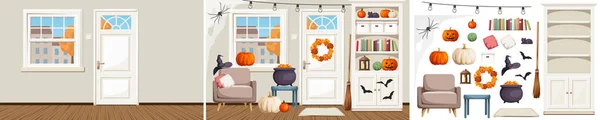 Herbst Wohnzimmer Für Halloween Dekoriert Leere Zimmer Und Möbel Innenarchitekt — Stockvektor