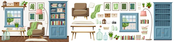 Wohnzimmereinrichtung Mit Sessel Blauem Bücherregal Und Blauem Fenster Möbelset Vorhanden — Stockvektor