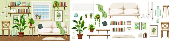 Scandinavian Living Room Interior Sofa Chair Bookshelves Houseplants Cozy Room — Stock Vector