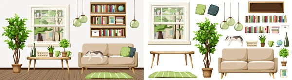 Obývací Pokoj Design Interiéru Pohovkou Police Knihy Zelené Závěsné Lampy — Stockový vektor