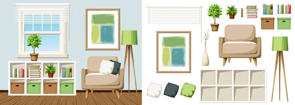Modern Room Interior Design Armchair Shelving Window Big Abstract Painting — Stock Vector
