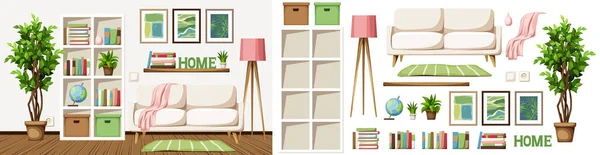 Wohnzimmereinrichtung Mit Sofa Regal Stehlampe Und Einem Ficusbaum Topf Möbelset — Stockvektor