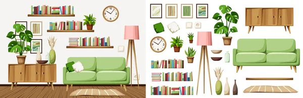 Wohnzimmereinrichtung Mit Sofa Kommode Büchern Bücherregal Stehlampe Und Monstera Topf — Stockvektor