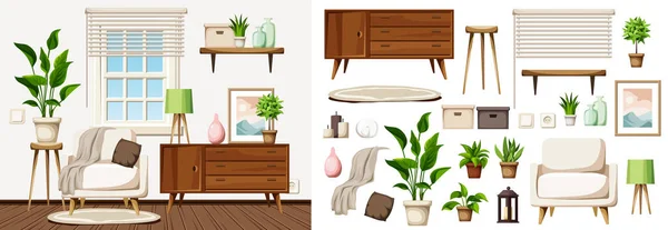 Skandinavische Wohnzimmereinrichtung Mit Weißem Sessel Kommode Und Zimmerpflanzen Möbelset Vorhanden — Stockvektor