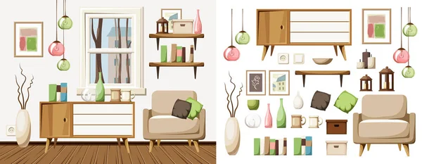 Herbstliche Wohnzimmereinrichtung Mit Sessel Kommode Bücherregalen Und Bunten Hängelampen Möbelset — Stockvektor