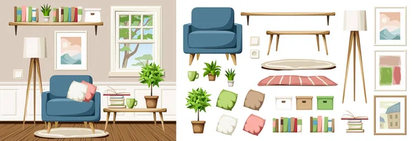 Living Room Interior Design Armchair Table Window Floor Lamp Furniture — Stock Vector