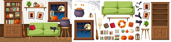 Living Room Decorated Halloween Halloween Night Interior Furniture Set Interior — Stock Vector