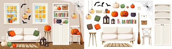 Living Room Decorated Halloween Modern Halloween Interior Furniture Set Interior — Stock Vector