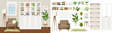 Living room interior with white bookcases and an armchair. Scandinavian interior design. Furniture set. Interior constructor. Cartoon vector illustration
