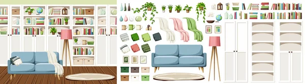 Living Room Interior White Bookcases Blue Sofa Scandinavian Interior Design — Stockvektor
