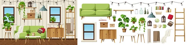 Zimmerausstattung Mit Sofa Kommode Leiter Zwei Fenstern Und Zimmerpflanzen Gemütliche — Stockvektor