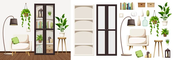 Raumgestaltung Mit Sessel Schwarzem Bücherregal Und Zimmerpflanzen Möbelset Vorhanden Innenarchitekt — Stockvektor