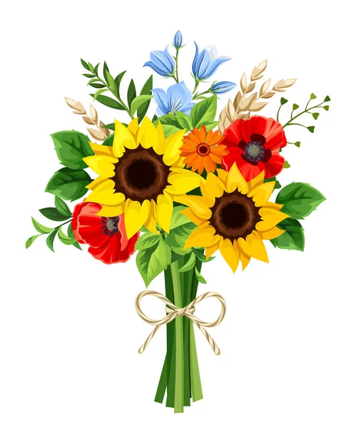 Bouquet of sunflowers, poppy flowers, and bluebell flowers isolated on a white background. Vector illustration