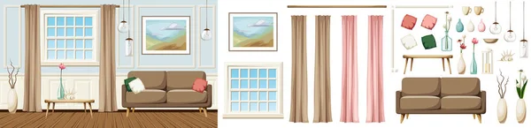 Klassisches Wohnzimmerdesign Mit Sofa Fenster Gemälde Und Hängelampen Möbelset Vorhanden — Stockvektor