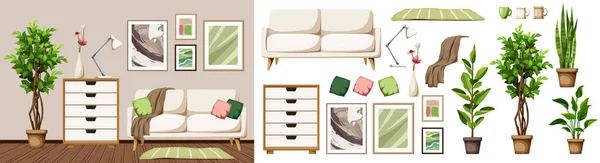 Wohnzimmereinrichtung Mit Weißem Sofa Großem Ficusbaum Und Wandgemälden Moderner Innenraum — Stockvektor