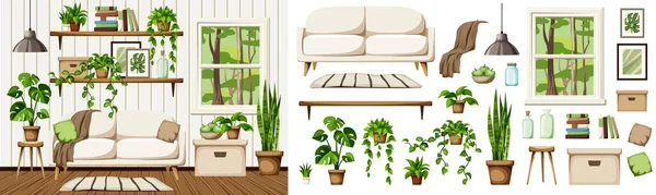 Innenraum Mit Sofa Bücherregalen Vielen Zimmerpflanzen Und Waldblick Vor Dem — Stockvektor