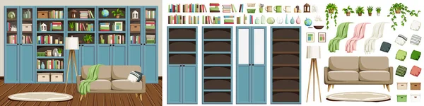 Interno Soggiorno Con Libreria Blu Divano Beige Interior Design Scandinavo — Vettoriale Stock