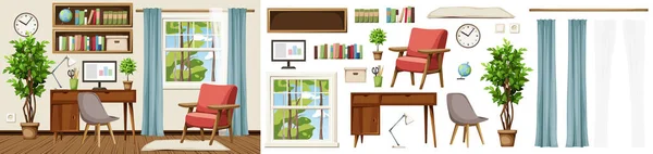 Raumausstattung Mit Schreibtisch Sessel Bücherregalen Fenster Und Einem Großen Ficusbaum — Stockvektor