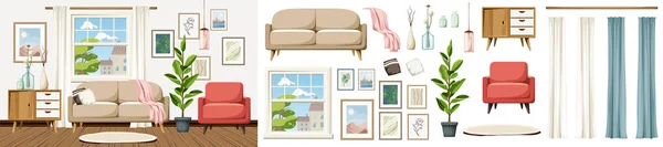 Living Room Interior Sofa Armchair Dresser Pictures Wall Big Window — Stock Vector