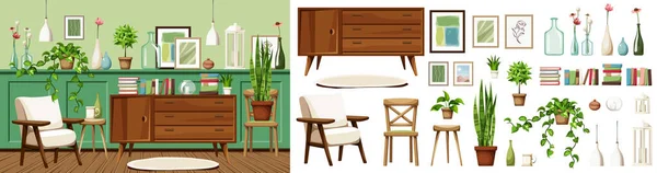 Room Interior Green Wall Panels Armchair Dresser Plenty Houseplants Vases — Stock Vector