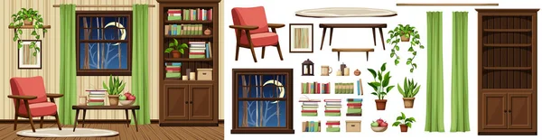 Wohnzimmereinrichtung Mit Bücherregal Sessel Tisch Und Nachtblick Aus Dem Fenster — Stockvektor