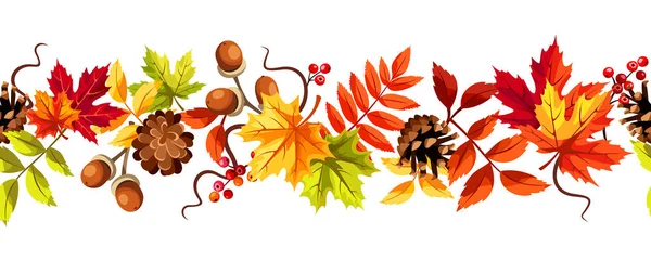 Kırmızı, turuncu, sarı ve yeşil sonbahar yaprakları, meşe palamutları, yaban mersini ve çam kozalaklarıyla kusursuz bir sınır. Vektör illüstrasyonu