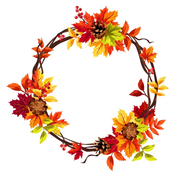 秋天的叶子 五彩缤纷的秋天叶子 松果和越橘 问候卡或邀请卡的设计 矢量圆框架 矢量图形