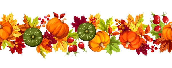 Seamless Border Pumpkins Colorful Autumn Leaves Rowan Berries Rosehip Vector Vector Graphics