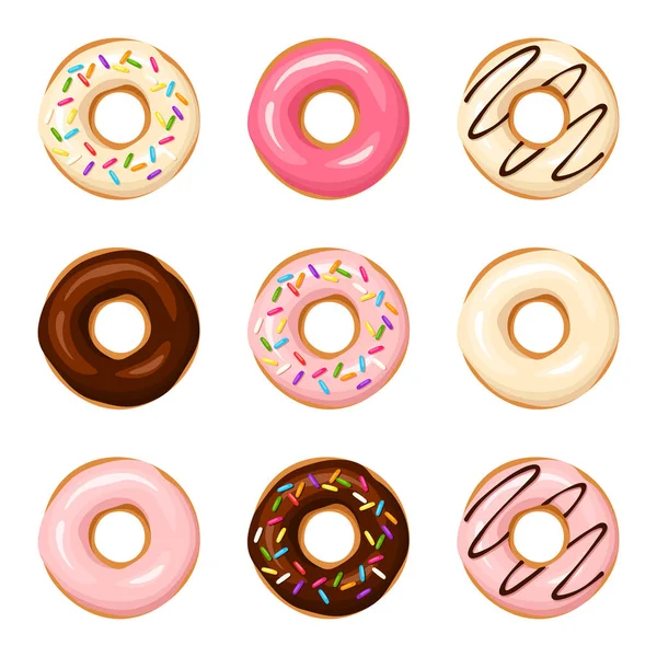 Donuts Conjunto Rosquinhas Coloridas Com Esmalte Branco Rosa Chocolate Polvilhas Ilustração De Bancos De Imagens