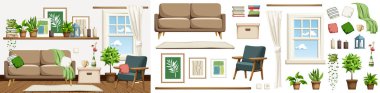Oturma odasının iç tasarımı. Koltuğu, koltuğu, dekorasyonu ve çiçekleri var. Konforlu modern oda iç tasarımı. Mobilya takımı. İç mimar. Çizgi film vektör illüstrasyonu