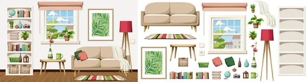 客厅的内部有沙发 一个白色的书柜 一个窗户 一个大图片和室内植物 舒适的房间室内设计 家具套件 内部建设者 卡通矢量图解 — 图库矢量图片