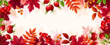 Kırmızı sonbahar yaprakları, güllük gülistanlık ve kızılcıklı güz ağaçları. Vektör bayrağı veya başlığı