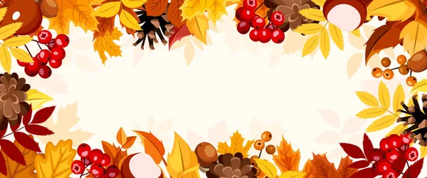 Podzimní Pozadí Oranžovými Žlutými Hnědými Podzimními Listy Ostružinami Borovými Šiškami — Stockový vektor