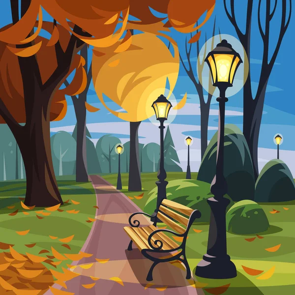 Осенний Парк Осенними Деревьями Фонарями Скамейкой Вечерняя Сцена Осеннем Парке — стоковый вектор