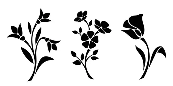Цветы Черные Силуэты Цветов Выделены Белом Фоне Векторная Иллюстрация — стоковый вектор
