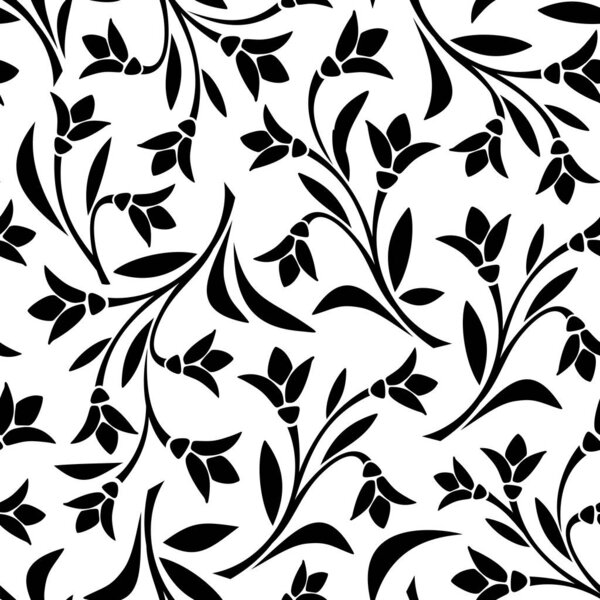 Seamless floral pattern with bluebell flowers. Vector black and white floral print