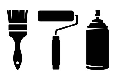 Boya fırçası, boya silindiri ve sprey boya kutusu. Beyaz arka planda izole edilmiş siyah siluet seti. Vektör illüstrasyonları