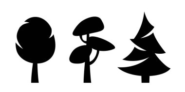 Ağaçlar. Beyaz arka planda izole edilmiş siyah ağaç siluetleri. Vektör çizimleri kümesi