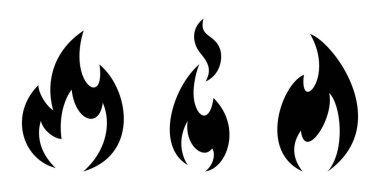 Ateş alevi. Beyaz arka planda izole edilmiş siyah ateş silueti. Vektör çizimleri kümesi