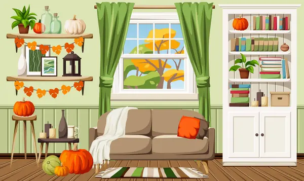 秋天客厅的内部 客厅室内设计与秋季装饰 客厅里有沙发 南瓜和秋天的花环 卡通矢量图解 矢量图形