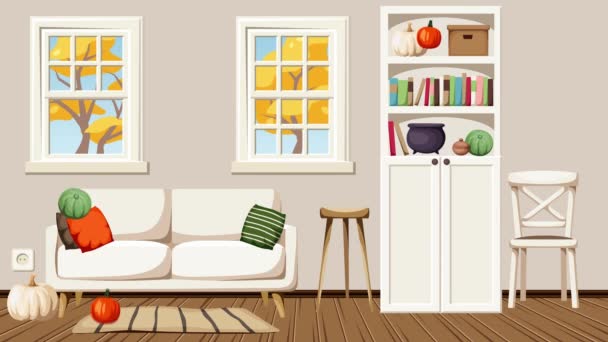 Autumn Living Room Interior Decorating Halloween Cartoon Animation — Stock Video