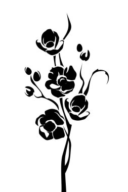 Çiçek buketi. Beyaz arka planda izole edilmiş bir çiçek dalının siyah silüeti. Vektör siyah ve beyaz illüstrasyon