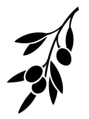 Zeytin dalı. Beyaz arkaplanda izole edilmiş bir zeytin dalının siyah vektör silueti