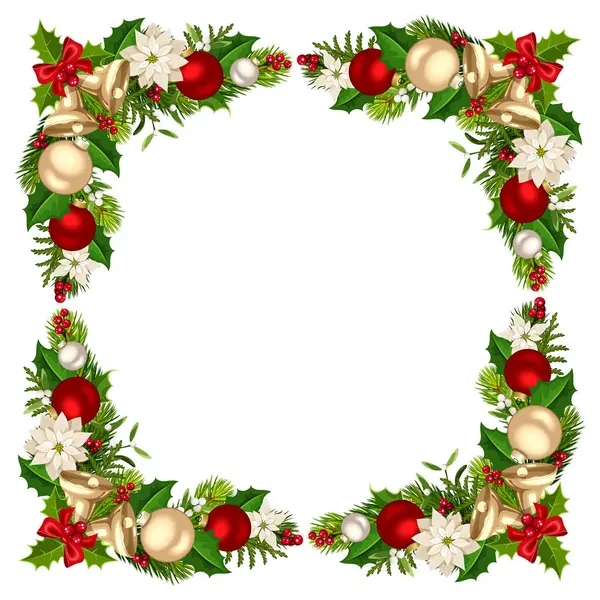 Karácsonyi Keret Zöld Fenyő Ágak Karácsonyi Harangok Labdák Poinsettia Virágok Jogdíjmentes Stock Illusztrációk