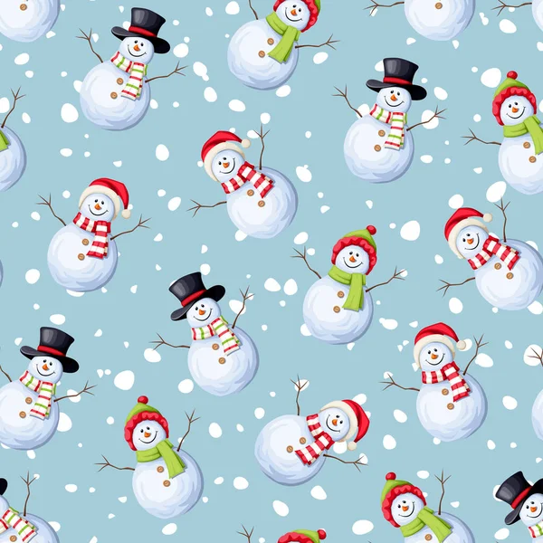 Kerst Naadloos Patroon Met Sneeuwpoppen Sneeuwval Een Blauwe Achtergrond Vector Stockillustratie