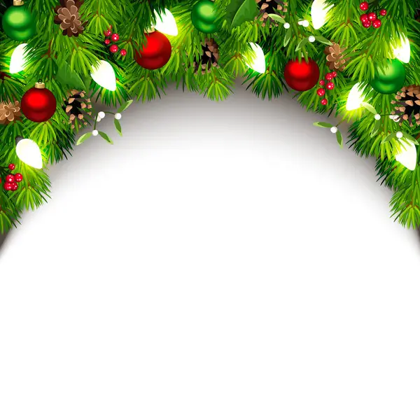緑の花の枝 赤と緑のボール パインコーン ホリー ミストレッジ クリスマスライトとクリスマスの背景 シーズンご挨拶の背景 ロイヤリティフリーストックベクター