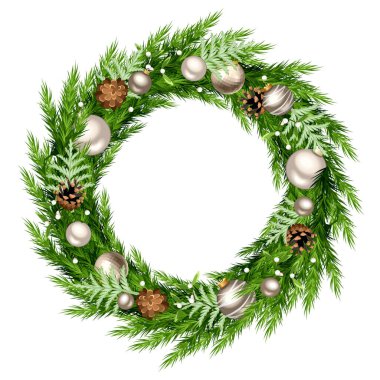 Yeşil köknar dallı Noel çelengi, gümüş ve beyaz Noel topları, çam kozalakları ve ökseotu. Vektör illüstrasyonu