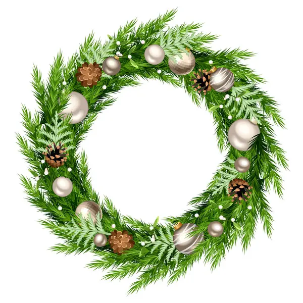 Christmas Wreath Green Fir Branches Silver White Christmas Balls Pine — Stock Vector