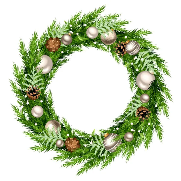 緑の花の枝 銀と白のクリスマスボール 松のコーン ミストレットとクリスマスリース ベクトルイラスト ベクターグラフィックス