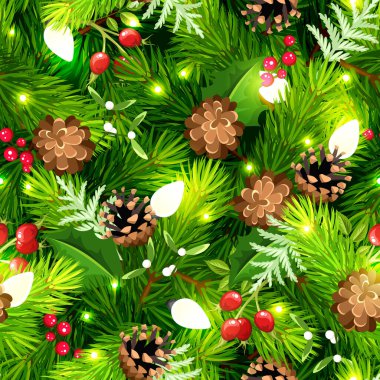 Yeşil köknar dalları, çam kozalakları, Noel ışıkları, çobanpüskülü, ökseotu ve güllük gülistanlığı. Vektör Noel dokusu